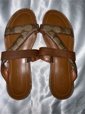 Coach Brown Canvas & Leather Cross-Strap Slide Sandals - Women